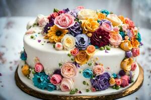 un' torta decorato con colorato fiori. ai-generato foto