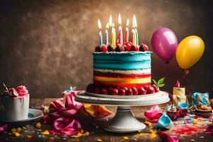 un' compleanno torta con colorato candele. ai-generato foto