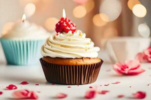 un' Cupcake con bianca glassa e un' candela. ai-generato foto