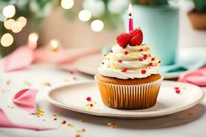 un' Cupcake con un' singolo candela su superiore. ai-generato foto