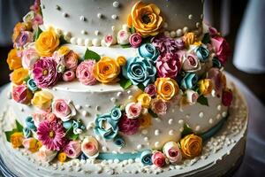 un' nozze torta con colorato fiori su superiore. ai-generato foto