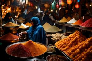 un' donna nel un' blu accappatoio è in piedi nel davanti di un' mercato con molti diverso tipi di spezie. ai-generato foto