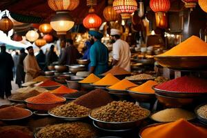 spezie e spezie nel il souk di Marrakech. ai-generato foto