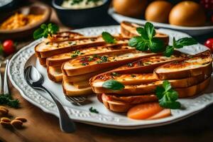 un' piatto di francese crostini con uova, pomodori e formaggio. ai-generato foto