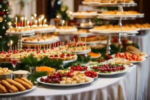 un' buffet tavolo con molti diverso tipi di cibo. ai-generato foto