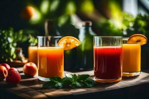 tre bicchieri di succo con frutta e verdure. ai-generato foto