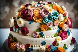 un' nozze torta con colorato fiori su superiore. ai-generato foto