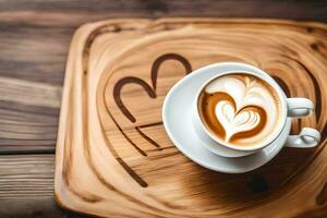 un' tazza di caffè con cuore forma su un' di legno vassoio. ai-generato foto