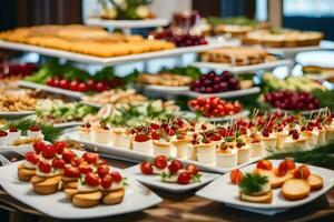 un' buffet tavolo con molti diverso tipi di cibo. ai-generato foto