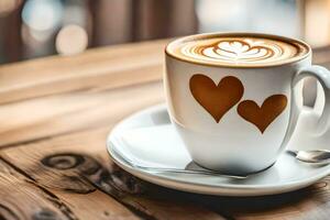 un' tazza di caffè con Due cuori su il lato. ai-generato foto