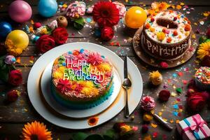 un' compleanno torta con colorato glassatura e un' compleanno candela. ai-generato foto