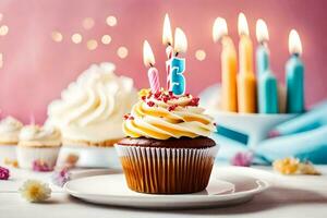 un' Cupcake con candele su esso e un' compleanno torta. ai-generato foto