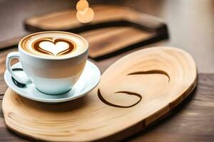 un' tazza di caffè con un' cuore forma su un' di legno vassoio. ai-generato foto