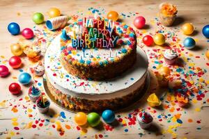 un' compleanno torta con coriandoli e colorato spruzzatori. ai-generato foto