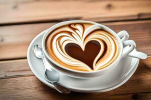 un' tazza di caffè con un' cuore sagomato latte macchiato arte. ai-generato foto