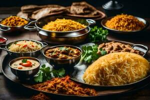 indiano cibo su un' di legno tavolo. ai-generato foto