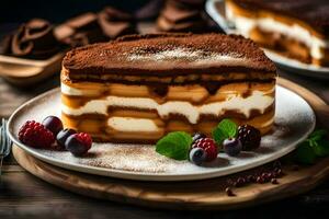 un' fetta di Tiramisù su un' piatto con frutti di bosco. ai-generato foto