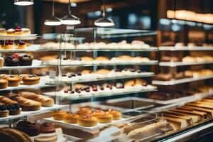 un' forno Schermo Astuccio con molti diverso tipi di pasticcini. ai-generato foto