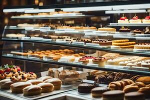 molti diverso tipi di pasticcini siamo su Schermo nel un' forno. ai-generato foto