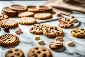 un' varietà di biscotti su un' marmo contatore. ai-generato foto