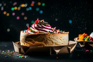 un' torta con frustato crema e spruzzatori su superiore. ai-generato foto