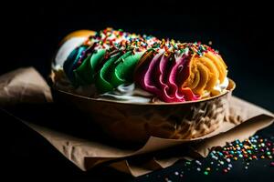 un' colorato ghiaccio crema coppa di gelato guarnita nel un' ciotola. ai-generato foto