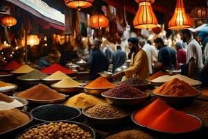 un' mercato con molti diverso tipi di spezie. ai-generato foto