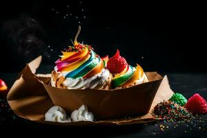 un' Cupcake con arcobaleno spruzzatori e frustato crema. ai-generato foto