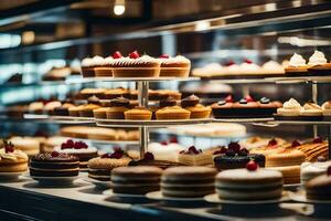 molti diverso tipi di torte siamo su Schermo nel un' forno. ai-generato foto