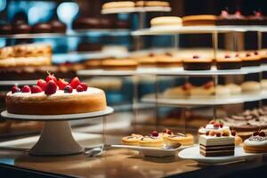 un' Schermo di torte e pasticcini nel un' forno. ai-generato foto