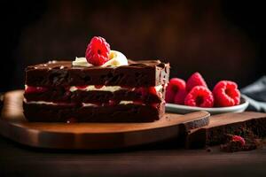 un' pezzo di cioccolato torta con lamponi su un' di legno tavola. ai-generato foto