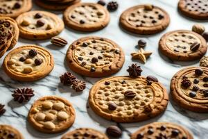 un' varietà di biscotti siamo disposte su un' marmo superficie. ai-generato foto