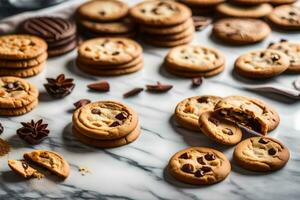 cioccolato patata fritta biscotti su un' marmo controsoffitto. ai-generato foto