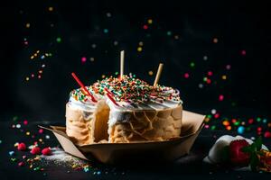 un' torta con spruzzatori e candele su un' nero sfondo. ai-generato foto