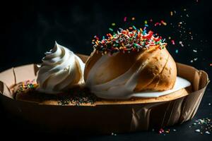 un ghiaccio crema coppa di gelato guarnita con spruzzatori e frustato crema. ai-generato foto