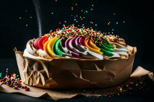 un' torta con spruzzatori e arcobaleno glassatura su superiore. ai-generato foto