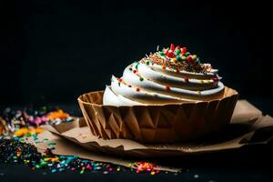 un' Cupcake con bianca glassa e spruzzatori su un' nero sfondo. ai-generato foto