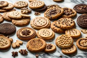 un' varietà di biscotti e biscotti su un' marmo superficie. ai-generato foto