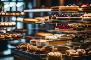 molti diverso tipi di pasticcini siamo su Schermo nel un' forno. ai-generato foto