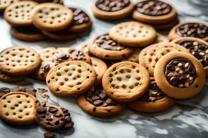 un' mucchio di biscotti con cioccolato patatine fritte su superiore. ai-generato foto