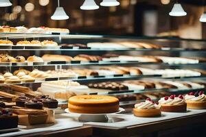 un' forno Schermo con molti diverso tipi di pasticcini. ai-generato foto