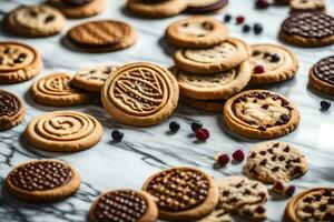 un' varietà di biscotti siamo disposte su un' marmo superficie. ai-generato foto