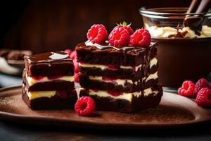 cioccolato torta con lampone crema e cioccolato glassa su un' buio sfondo. ai-generato foto