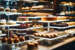 un' forno Schermo con molti diverso tipi di pasticcini. ai-generato foto