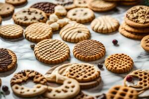 vario biscotti e biscotti su un' marmo tavolo. ai-generato foto