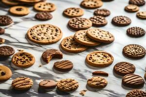 un' varietà di biscotti e cioccolato patatine fritte su un' marmo superficie. ai-generato foto