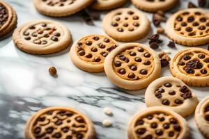 biscotti con cioccolato patatine fritte e noccioline su un' marmo contatore. ai-generato foto