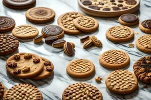 un' varietà di biscotti e biscotti su un' marmo tavolo. ai-generato foto