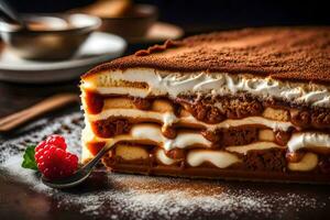 un' fetta di Tiramisù torta con lamponi. ai-generato foto