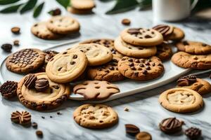 un' piatto di biscotti e cioccolato patatine fritte. ai-generato foto